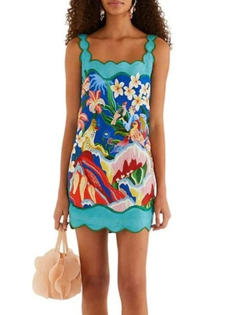 Floral Tropical Scallop-Edge Slip Dress - Turquoise Blue